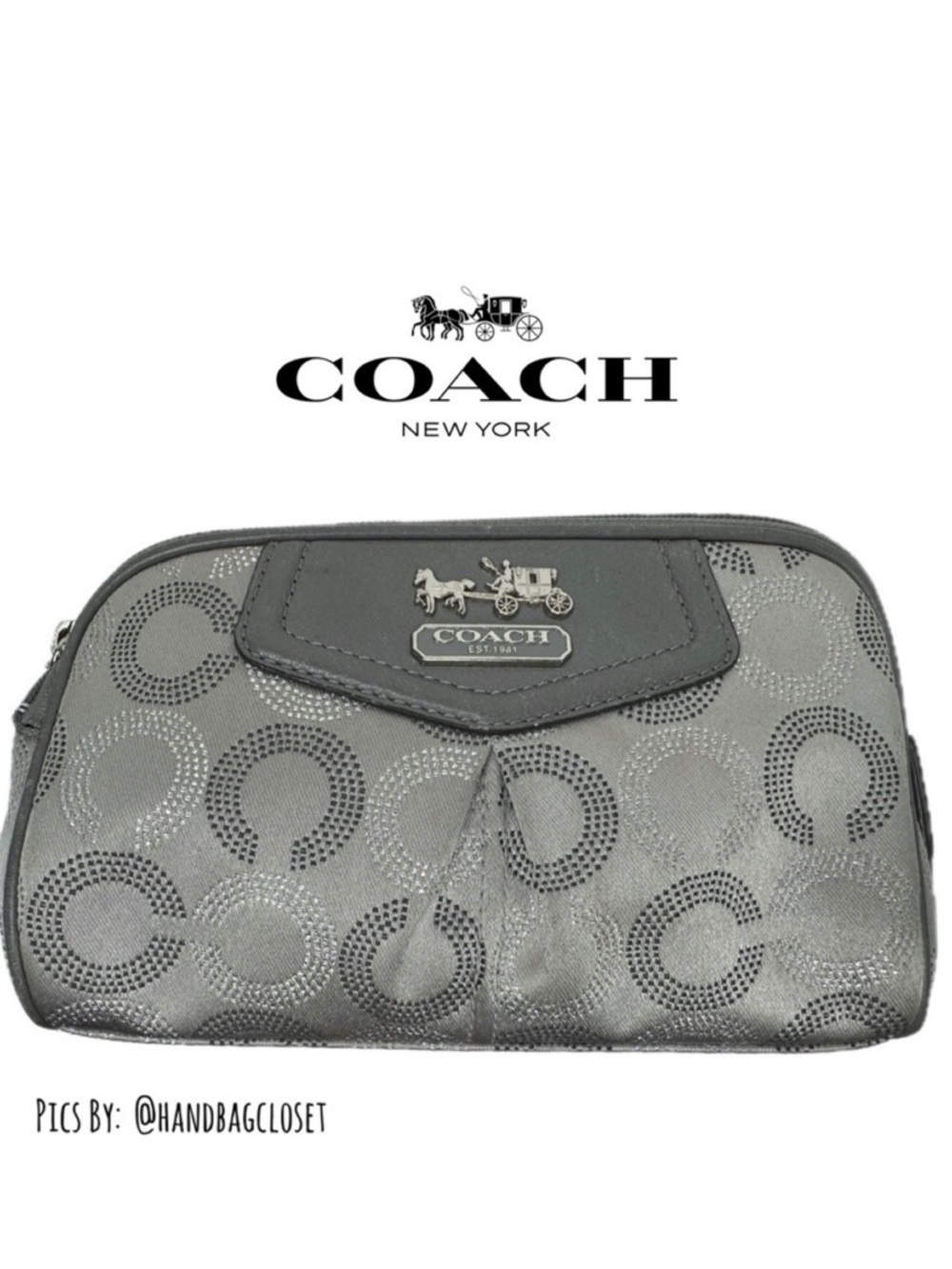 Coach Gray Silver Optic C Vintage Y2K Satin & Leather Carriage Cosmetic Zip Bag